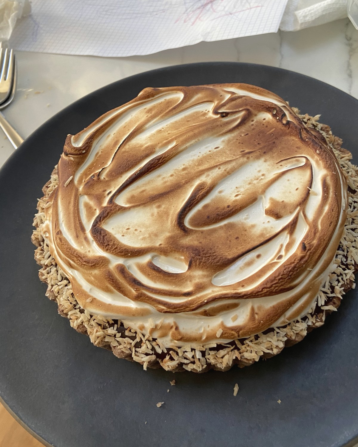 Cake with toasted meringue on a dark plate