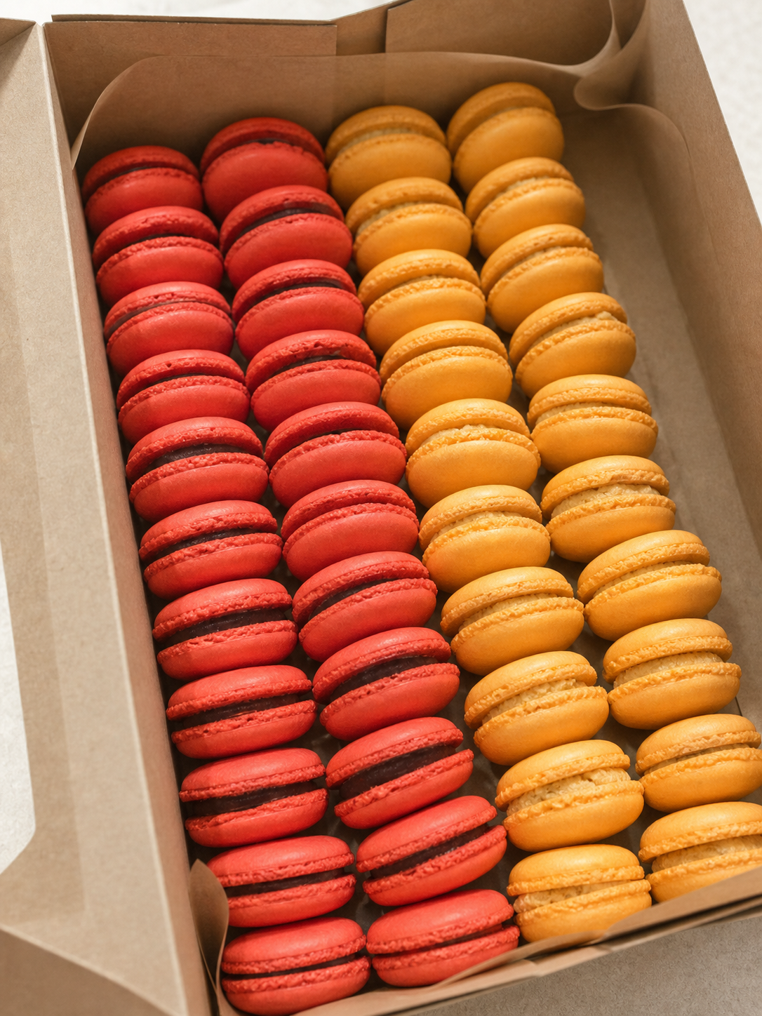 Rows of orange and red French macarons in a box