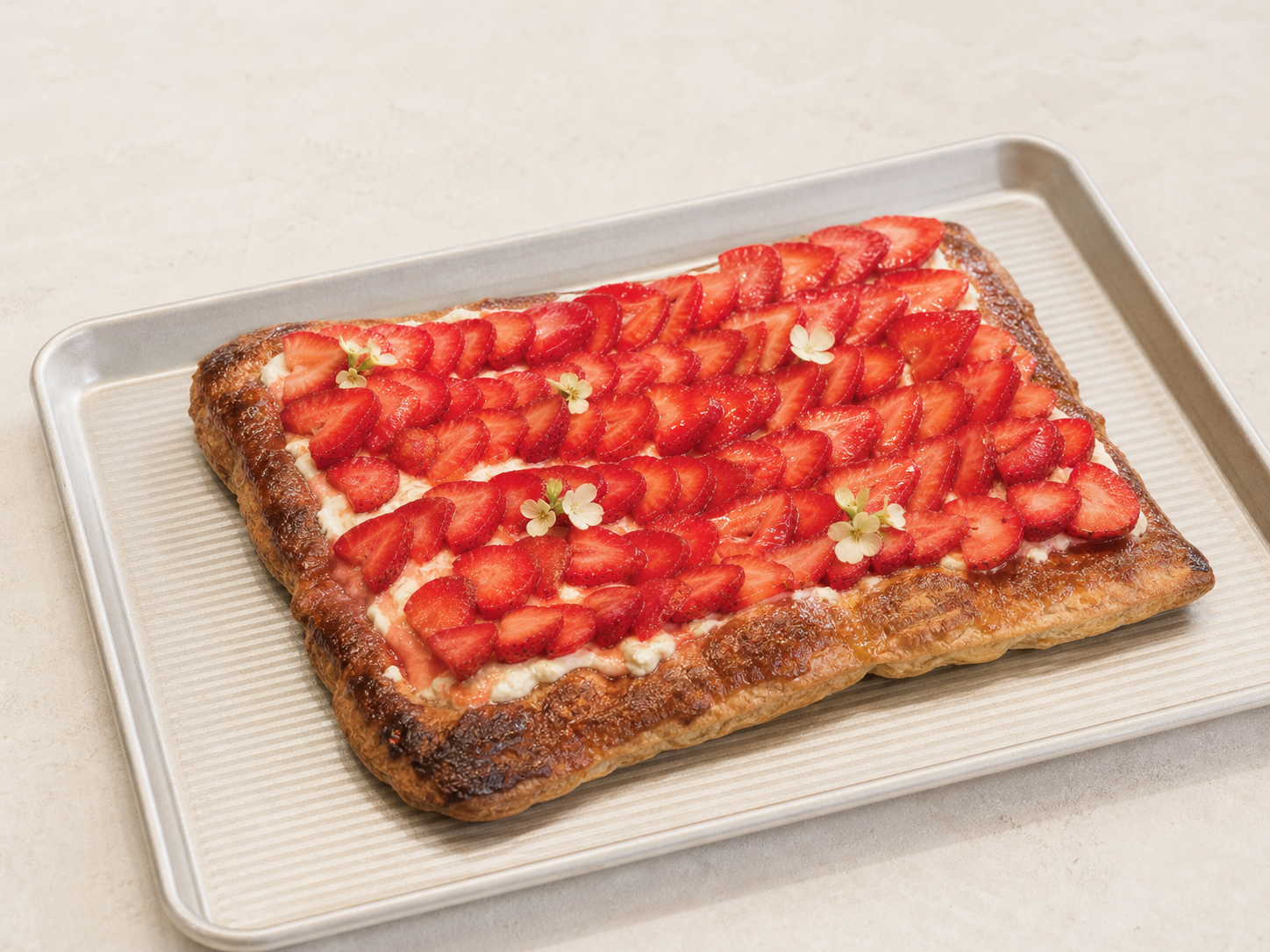 Rectangular strawberry tart on a sheet pan